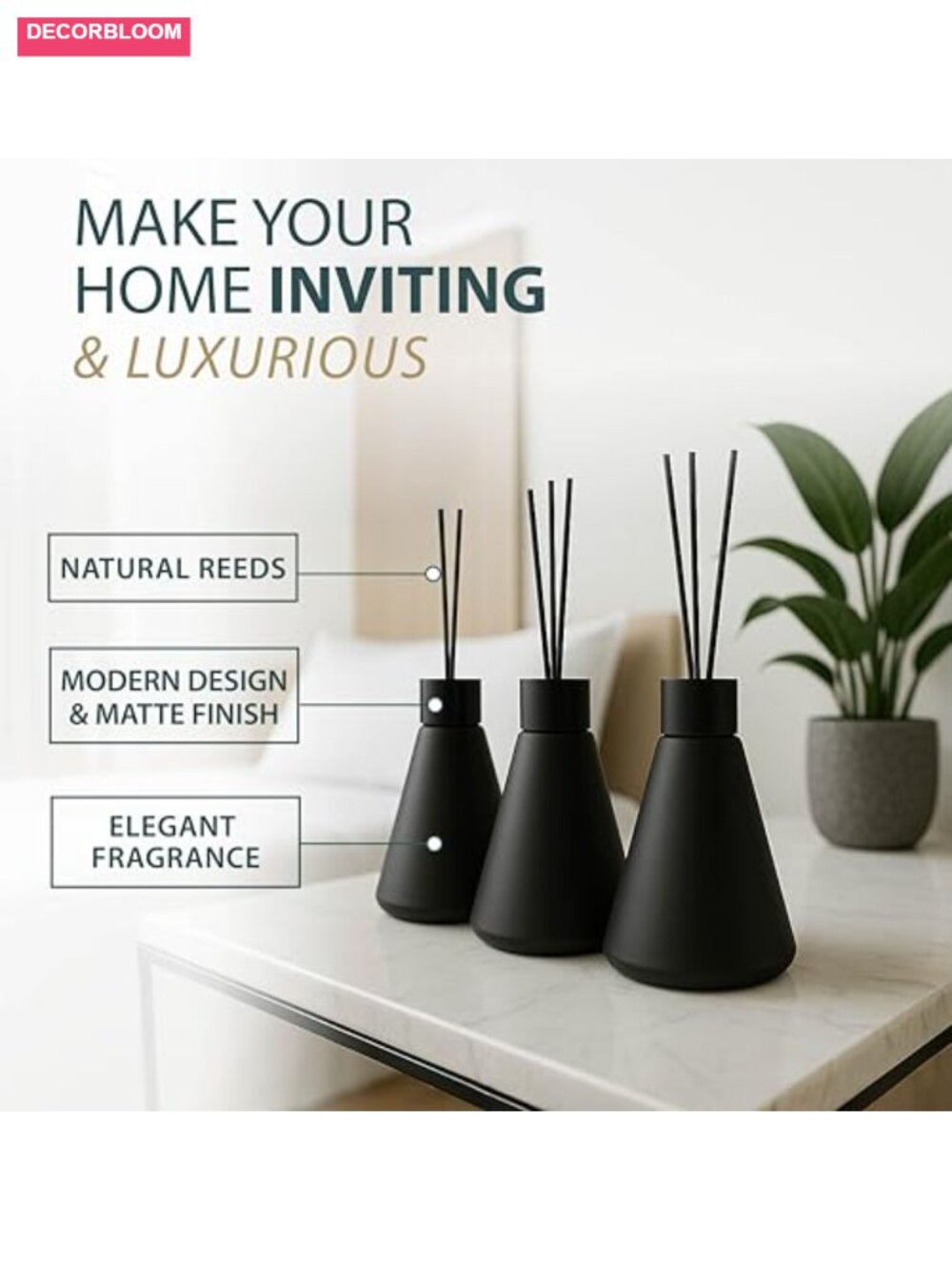 Reed Diffuser Set of 3, White Flower Scent, 50ml, Home Fragrance for Bathroom & - Picture 2 of 6